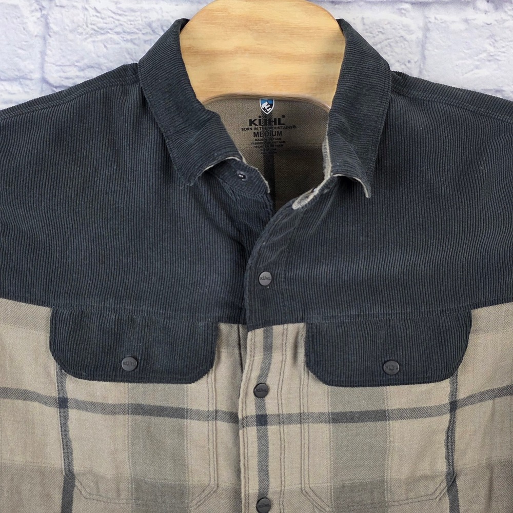 Kuhl Mens Inquisitor Flannel Brown Plaid Corduroy Snap Button Front‎ Size Medium